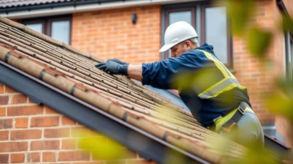 A professional roofer installing a warm roof system on a UK brick house, applying insulation above the timber deck for improved energy efficiency and condensation prevention.