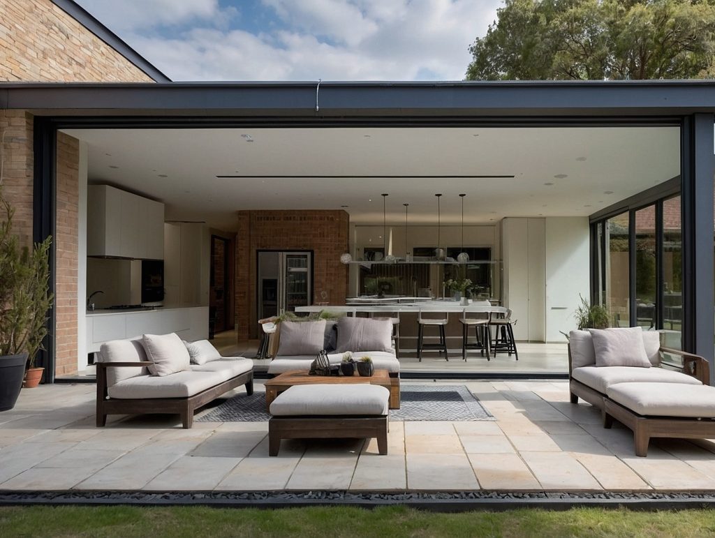 A modern home features a spacious open-plan kitchen and living area seamlessly connected to an outdoor patio. The patio is furnished with comfortable seating, and large glass doors provide a wide, unobstructed entrance. The interior includes a sleek kitchen with a bar counter, white cabinetry, and pendant lights. Outside, the patio is decorated with cushioned chairs and a coffee table on a well-maintained tile floor, blending indoor and outdoor living spaces.
