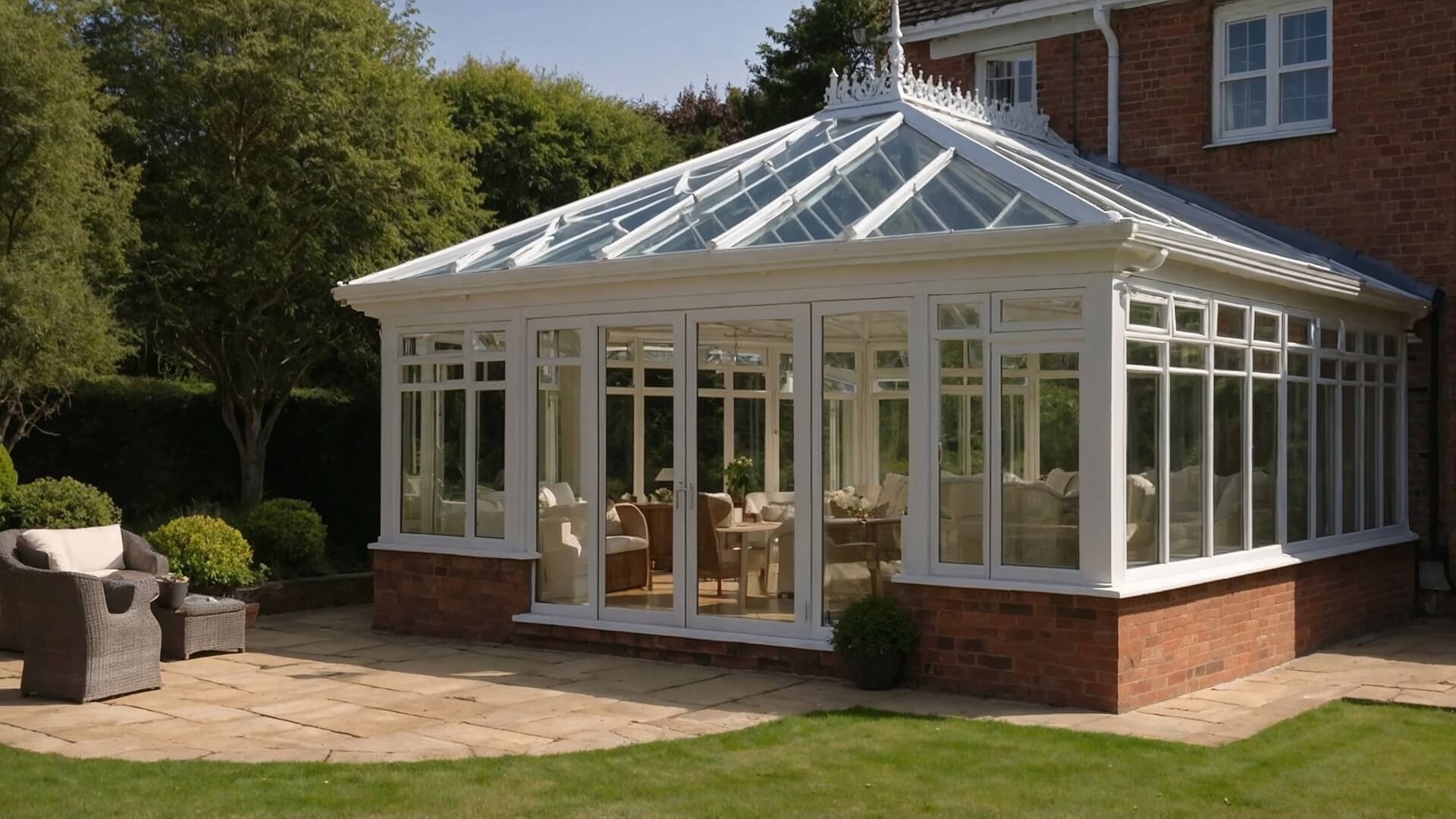 Traditional conservatory with a glass roof and white frame attached to a brick house.