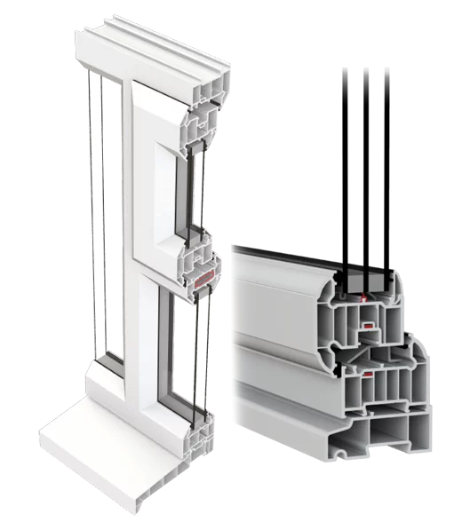 Cross-section of a uPVC window profile showing double and triple glazing chambers